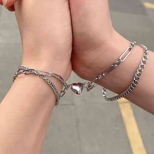 Exquisite Double Chain Romantic Love Magnetic Couple Matching Bracelet for Women Men Metal Chain Bracelet Valentine's Jewelry
