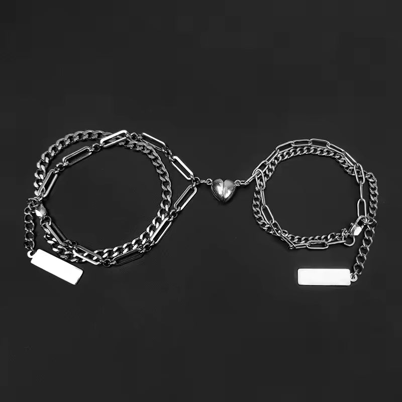 Exquisite Double Chain Romantic Love Magnetic Couple Matching Bracelet for Women Men Metal Chain Bracelet Valentine's Jewelry