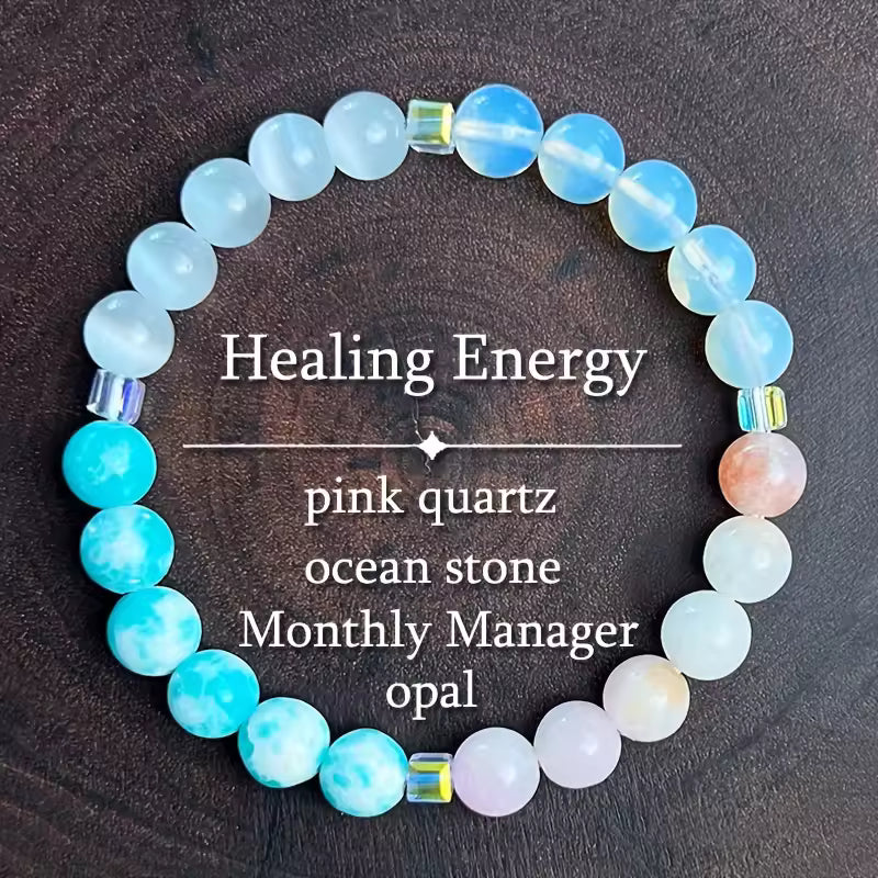 Women's healing energy bracelet with a variety of natural stones, opal, ocean stone, pink quartz, moonstone