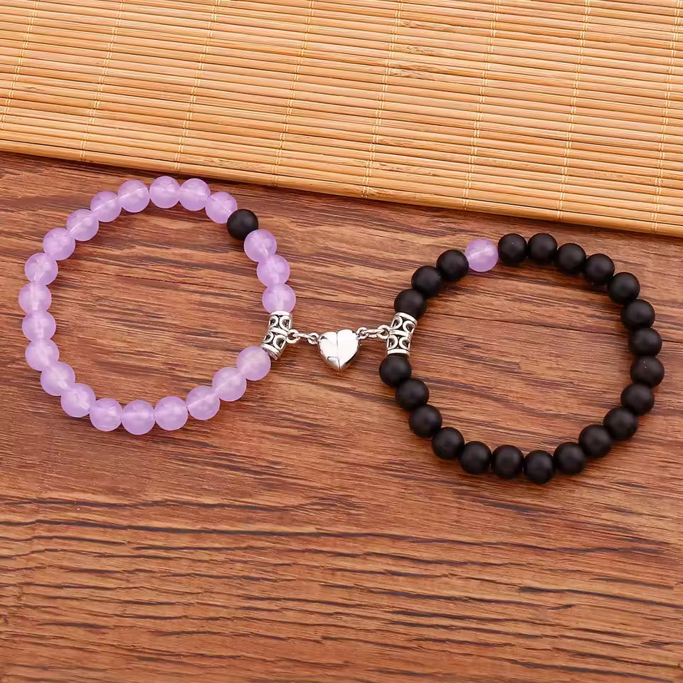 1Pair Hot Sale Love Peach Heart Magnet Bracelets For Couple Lovers Romantic Simple Frosted Stone Pink Crystal Jewelry Handwear