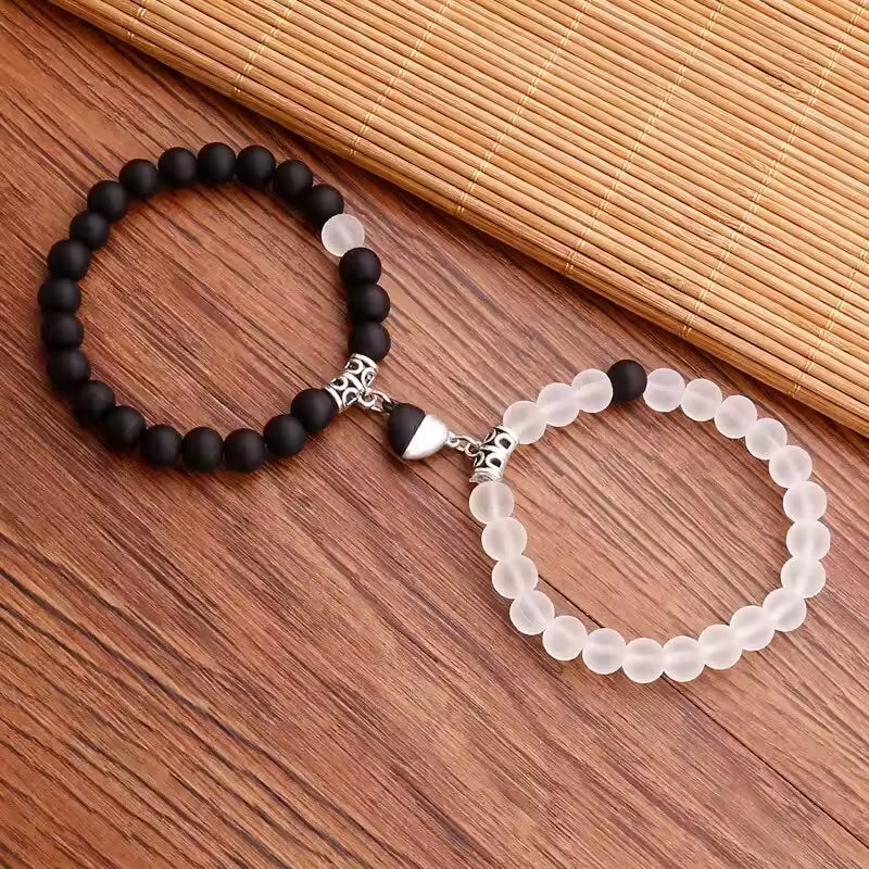 1Pair Hot Sale Love Peach Heart Magnet Bracelets For Couple Lovers Romantic Simple Frosted Stone Pink Crystal Jewelry Handwear