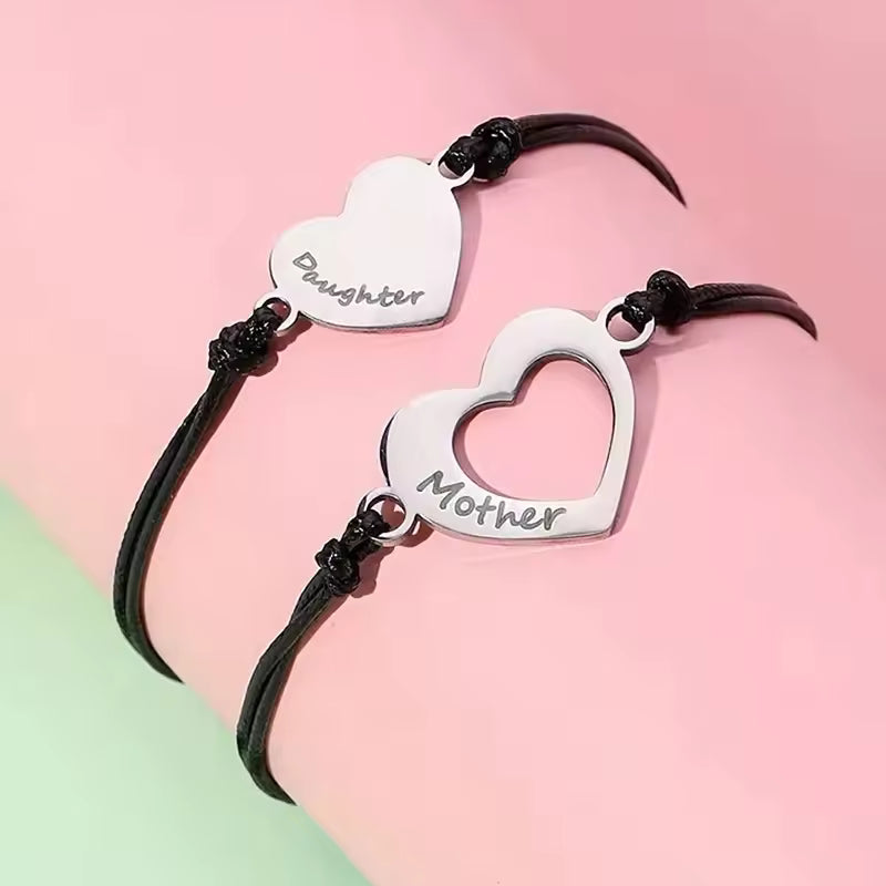 2pcs Mother Daughter Bracelets Set Mommy and Me Matching Love Heart Black Rope Jewelry Gift Mother's Day Bracelet