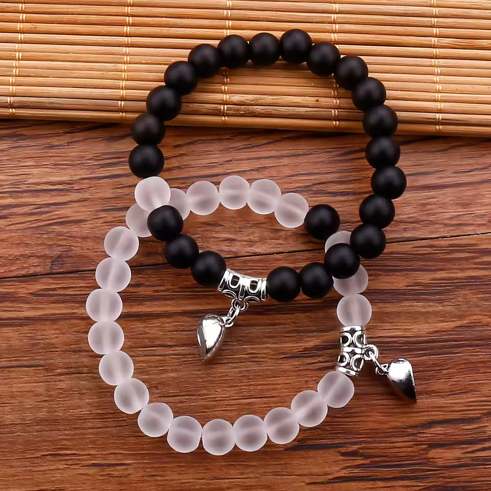 1Pair Hot Sale Love Peach Heart Magnet Bracelets For Couple Lovers Romantic Simple Frosted Stone Pink Crystal Jewelry Handwear