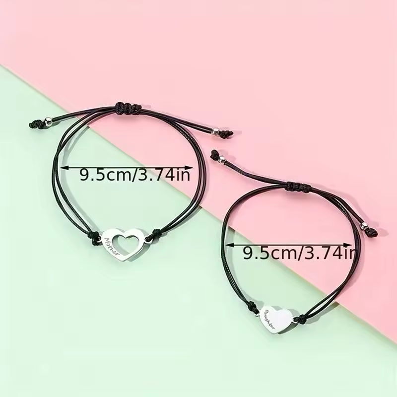 2pcs Mother Daughter Bracelets Set Mommy and Me Matching Love Heart Black Rope Jewelry Gift Mother's Day Bracelet
