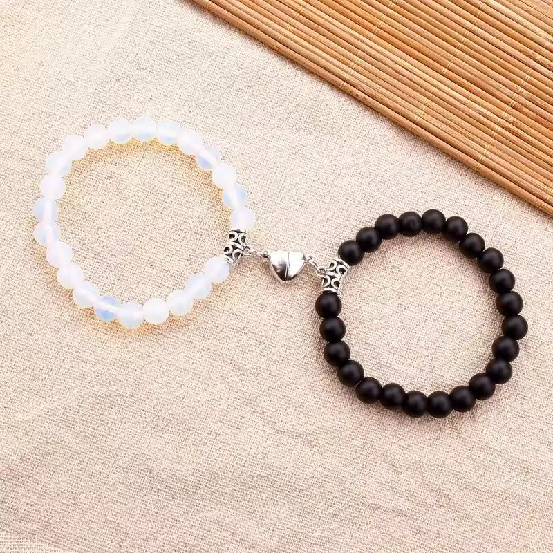 1Pair Hot Sale Love Peach Heart Magnet Bracelets For Couple Lovers Romantic Simple Frosted Stone Pink Crystal Jewelry Handwear