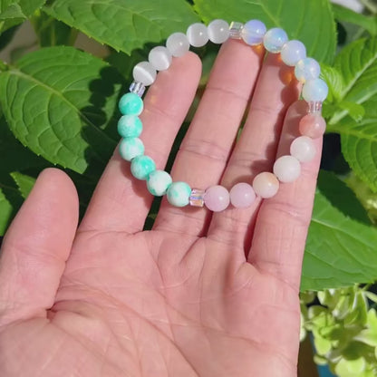Women's healing energy bracelet with a variety of natural stones, opal, ocean stone, pink quartz, moonstone